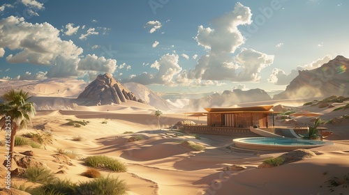 A remote desert oasis surrounded by towering sand dunes and endless sky