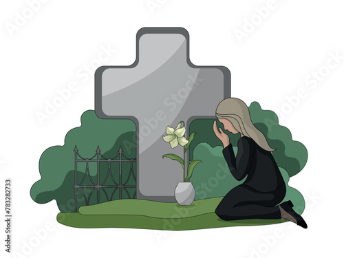 A crying woman in black mourning clothes is kneeling on the grave. A grave with a tombstone and a cross on the background of a fence and greenery. Flowers on the grave. Funeral and farewell 