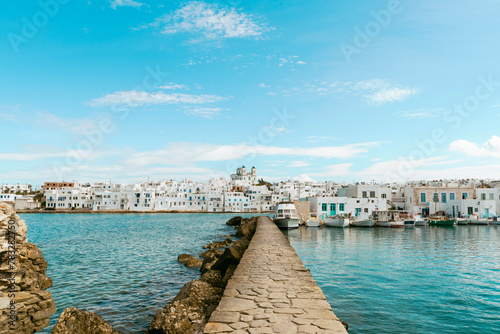 Village of Naousa seen from the harbour, Paros, Greece
