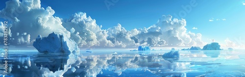 Majestic iceberg floating in ocean surrounded by clouds