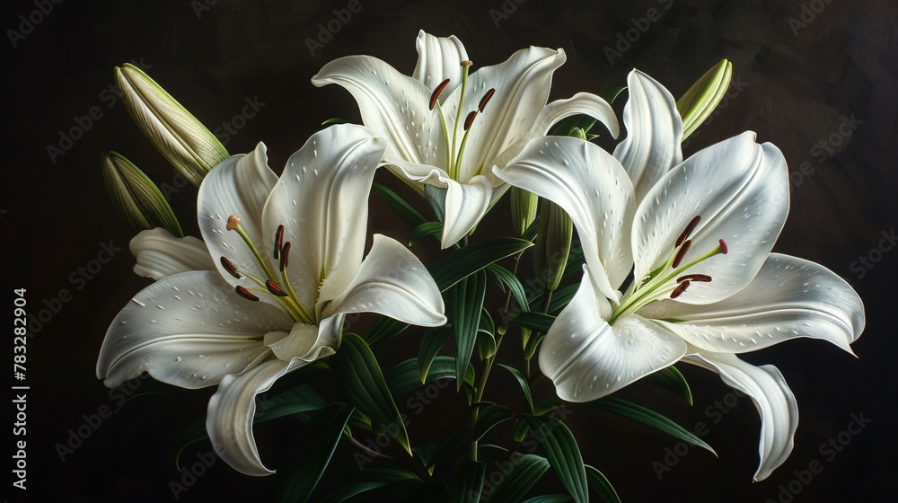 Fototapeta premium A canvas where white lilies bloom in lush detail their elegance immortalized in rich oil paints