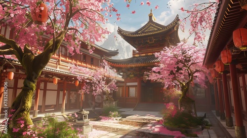 A serene temple courtyard with ornate architecture and blooming cherry blossoms