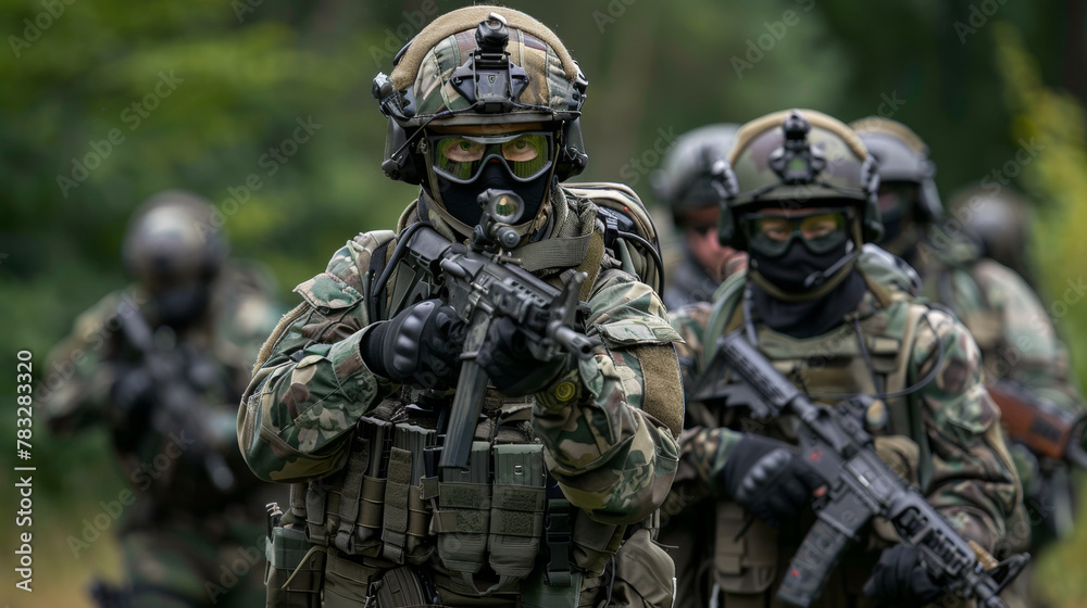 A group of soldiers in camouflage gear with masks and guns, AI