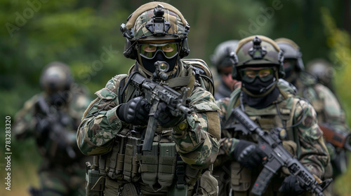 A group of soldiers in camouflage gear with masks and guns, AI