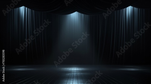 Empty 3d room background template - Theater stage with black velvet curtains and spotlights