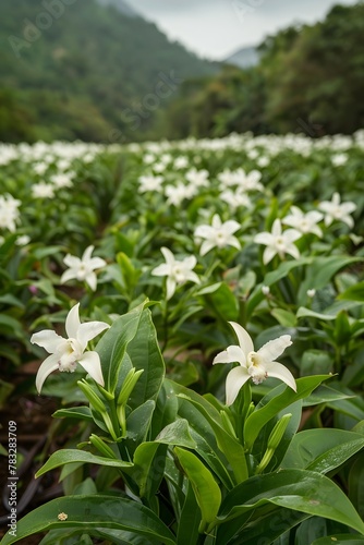 Lush Field of Blooming Vanilla Orchids Capturing the Beauty and Elegance of Nature's Abundant Floral Landscape © vanilnilnilla
