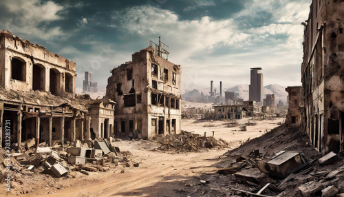 Post-apocalyptic ruined city and old buildings in desert landscape. 3D rendering.