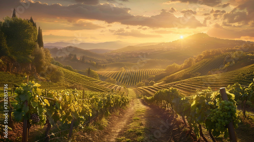 As the sun descends beyond hills adorned with rows of luscious grapes, a golden hue envelops the vineyard's winding path.