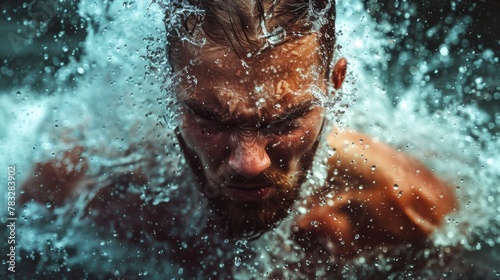 A man swimming in the water with his eyes open, AI