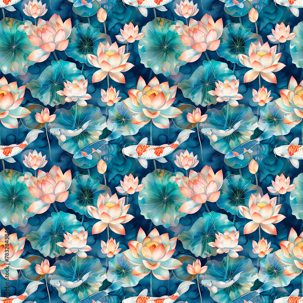 Lotus pond with koi fish seamless pattern. Asian water lily flowers, leaves. Japanese lotus flowers on the surface of river wallpaper.