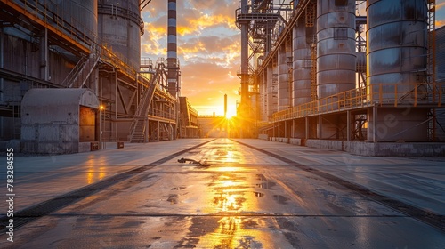 Industrial sunrise between towering silos and structures photo