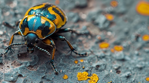 A beetle with a blue and yellow body is on the ground, AI