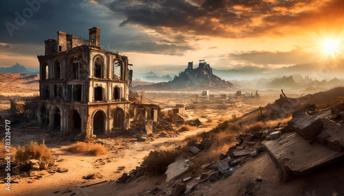 Post-apocalyptic ruined city and old buildings in desert landscape. 3D rendering. photo