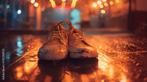 Sneakers on wet ground at night. photo