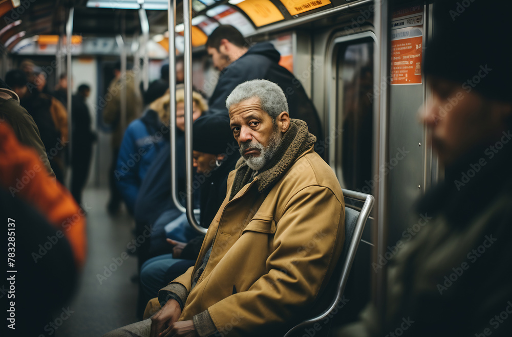 Commuter in Thoughtful Repose on City Subway