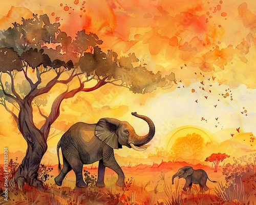 Charming scene of a cartoon elephant mother swinging her calf with her trunk, set against a sunset in the savannah, painted in rich watercolor hues.