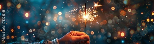 Icon depicting a sparkler held aloft, with stars falling gently around, captured in a moment of glittering celebration, in patriotic red, white, and blue, Technology concept, futuristic background. photo
