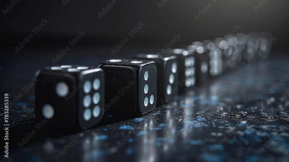 Line of black dice on surface