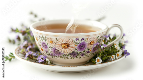 A steaming teacup with floral design surrounded by flowers