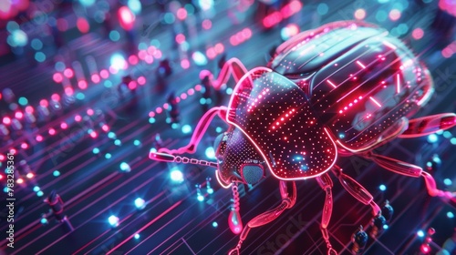A bug with glowing lights on it is sitting in a dark room, AI © starush