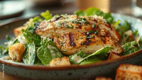 Grilled chicken Caesar salad on a plate