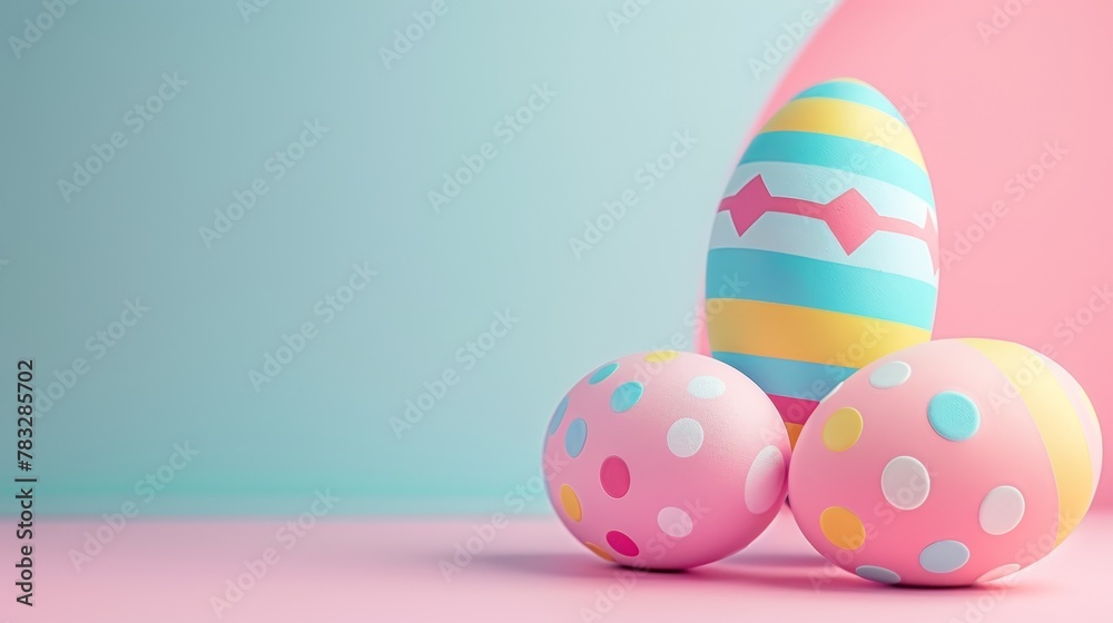 A group of three colorful easter eggs on a pink and blue background, AI