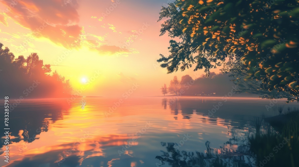Luminous 3D glow enveloping a tranquil lake at sunrise
