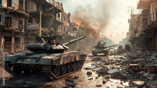 A harrowing scene of urban combat unfolds on a destroyed street, with tanks and buildings in the background. photo