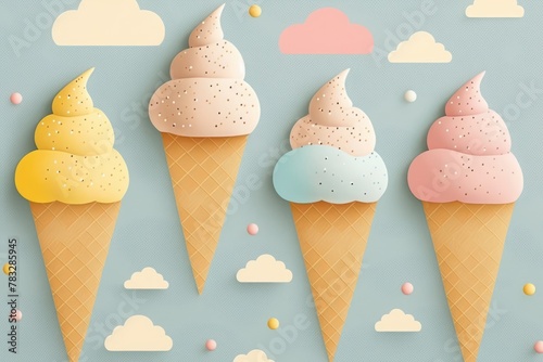 Pastel-colored ice cream cones with playful clouds and sprinkles, perfect for summer and food themes in design and social media