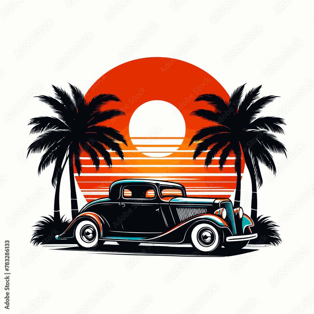 car with sunset and retro-style palm vector t shirt design 