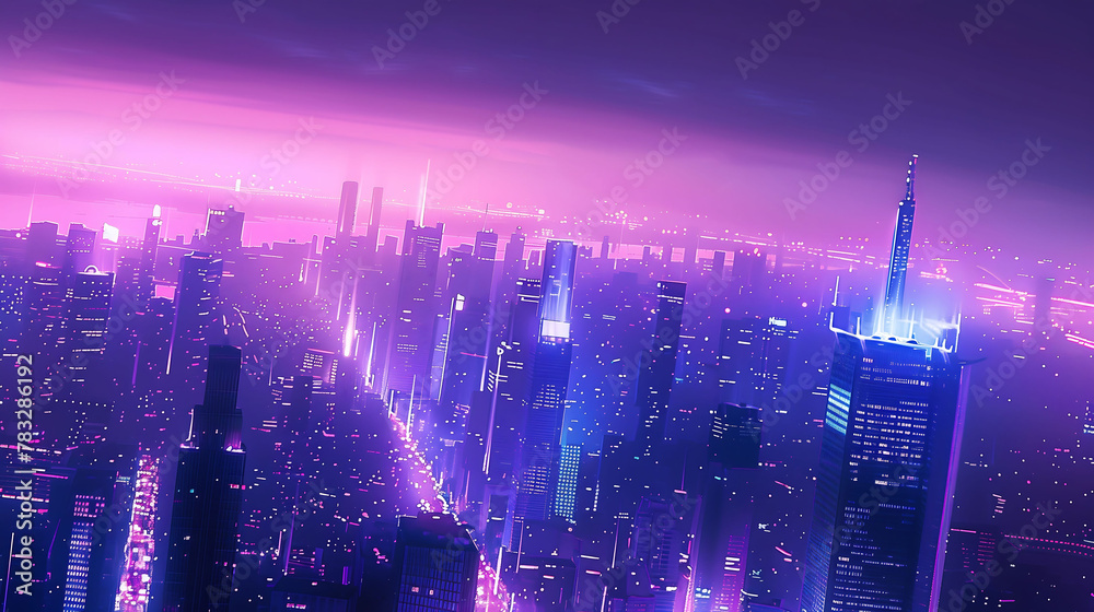 Twilight Over Dystopia: Sci-Fi Cityscape in Violet Hues