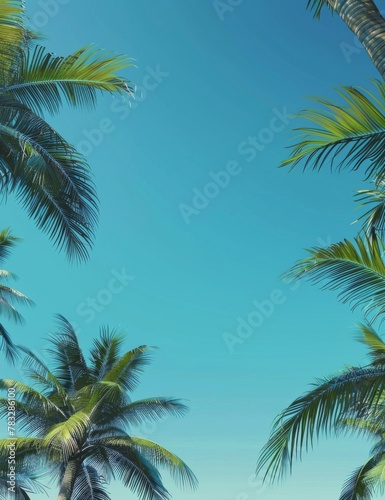 Tropical Paradise, a blue sky with palm trees, summer tourism poster background 