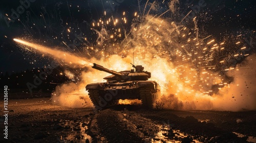 A tank engulfed in flames as it releases a powerful burst of fire. The scene is filled with intense heat and destructive energy. photo