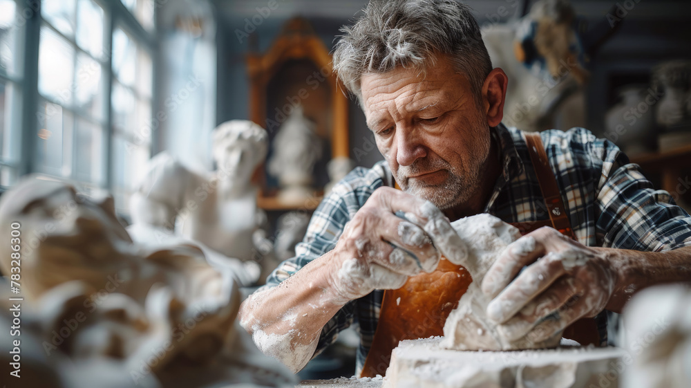 An elderly male sculptor working on clay An elderly male sculptor working on clay