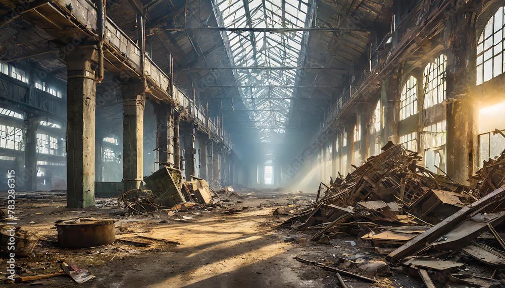 Post-apocalyptic ruined industrial hall with debris of lost factory. Old abandoned factory.