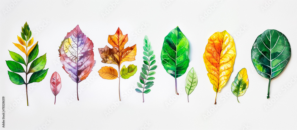 Fototapeta premium watercolor art of various leaves in the white background