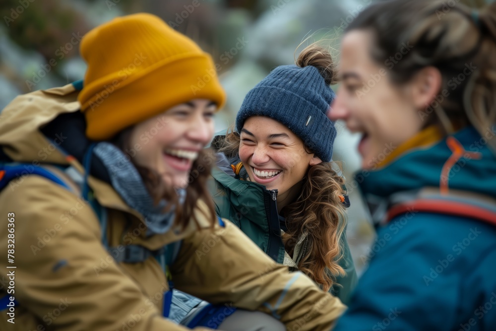 Hiking Friends Share Laughter in Mountain Adventure Hiking Friends Share Laughter in Mountain Adventure