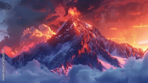 Radiant 3D glow illuminating a majestic mountain peak