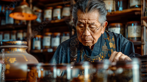 Elderly man in traditional apothecary.