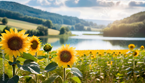 Agricultural field with yellow sunflowers against the picturesque landscape with river and hills