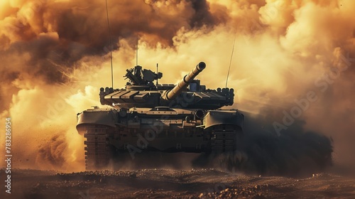 A powerful tank is releasing a massive plume of smoke as it unleashes its firepower in the heat of battle. The scene is intense and filled with the urgency of war. photo