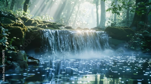 Serene 3D glow emanating from a tranquil waterfall or stream
