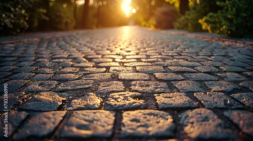 Sunlit cobblestone after rain with golden reflections at sunset