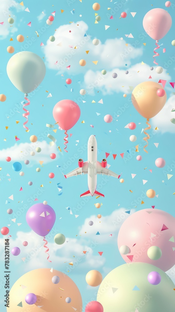 Airplanes flying in a birthday sky 3D style isolated flying objects memphis style 3D render  AI generated illustration