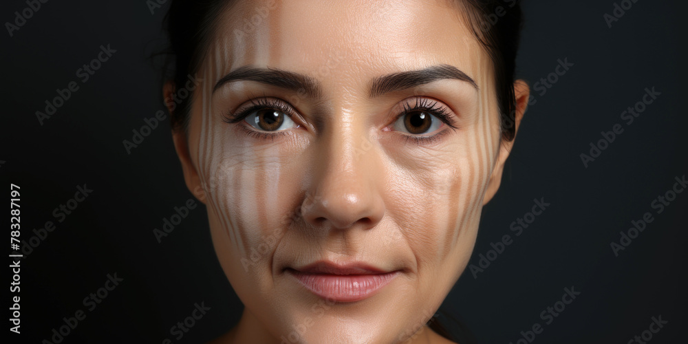 Close up portrait of woman with beginning signs of aging, fine wrinkles on her face on a black background Close up portrait of woman with beginning signs of aging, fine wrinkles on her face on a black background