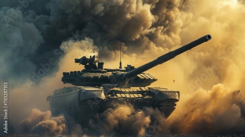 A tank releasing billows of smoke into the air amidst the chaos of a fierce battle. The tank appears to be engaged in combat, with visible signs of ammunition firing.
