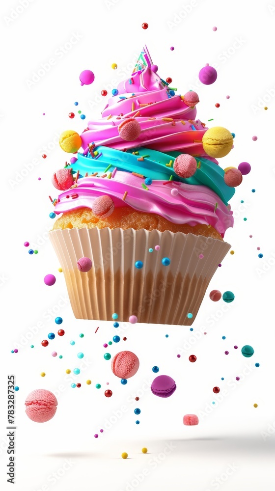 Birthday cupcakes with vibrant frosting 3D style isolated flying objects memphis style 3D render   AI generated illustration