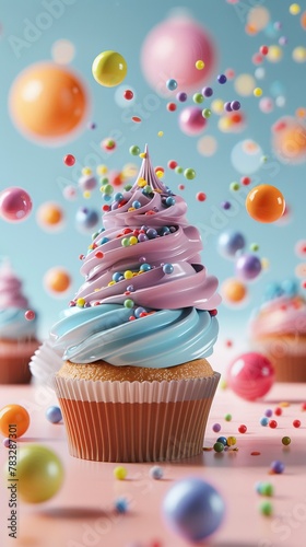 Birthday cupcakes with vibrant frosting 3D style isolated flying objects memphis style 3D render   AI generated illustration