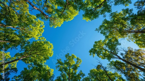 Upward View Through Green Canopy to Clear Blue Sky