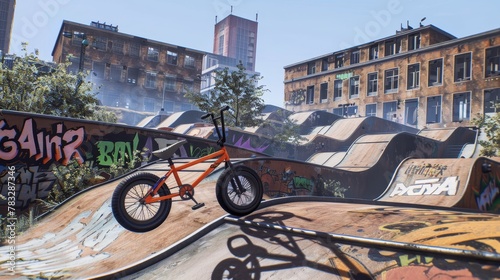 BMX bikes and ramps in a vibrant urban backdrop  AI generated illustration